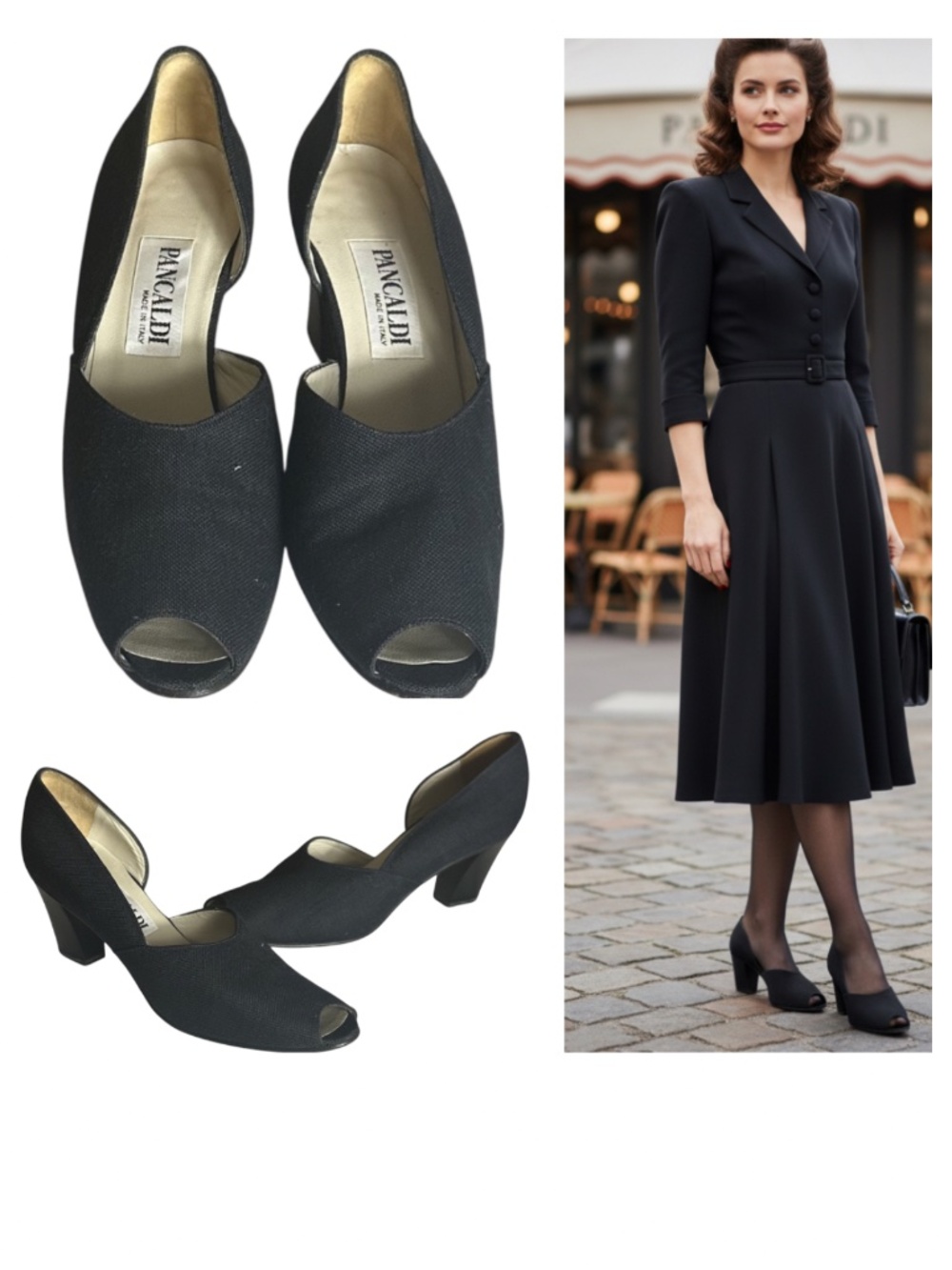 Vtg Pancaldi Italy Heels Pumps Sz 8 AA Black Peep Toe D'Orsay 40s Pinup Retro